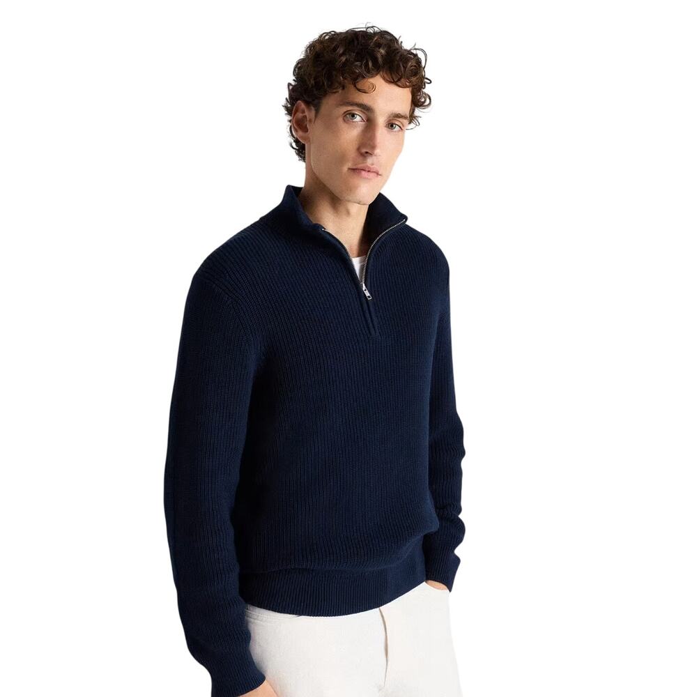 New Men's L Quince Organic Cotton Quarter Zip Sweater Rib Stitch Navy Blue